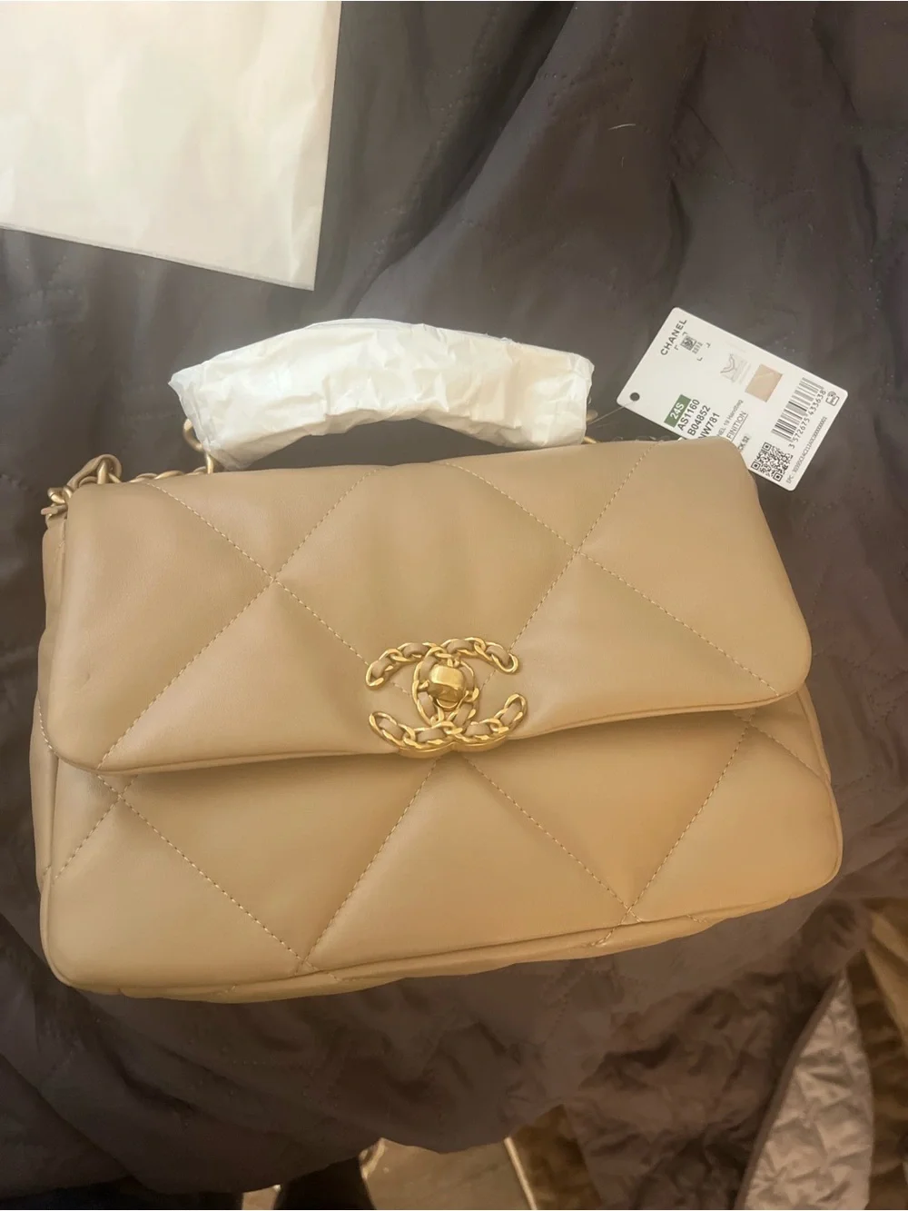 CHANEL 19 Quilted Shoulder Bag in Tan with Gold Chain
